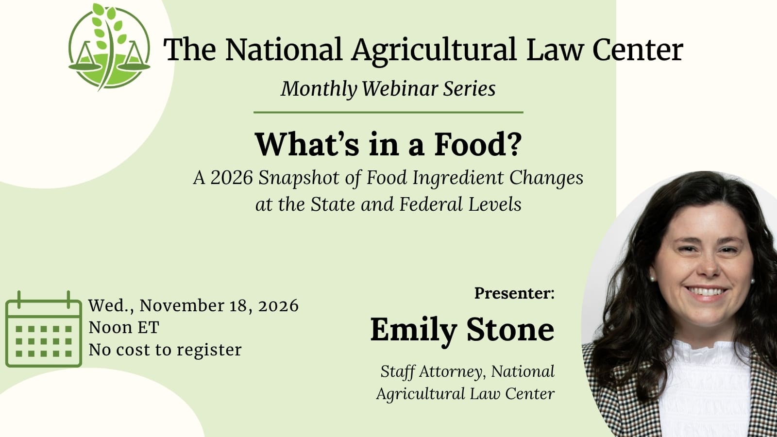 Webinar promo graphic by The National Agricultural Law Center titled 